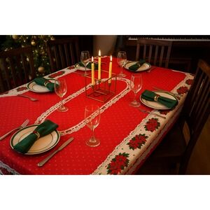 Vtg 60s Mid Century‎ Christmas Tablecloth With 10 Napkins - approx 60" x 98"